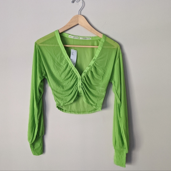 UO | Ruched Mesh Lime Green Blouse - Picture 5 of 11